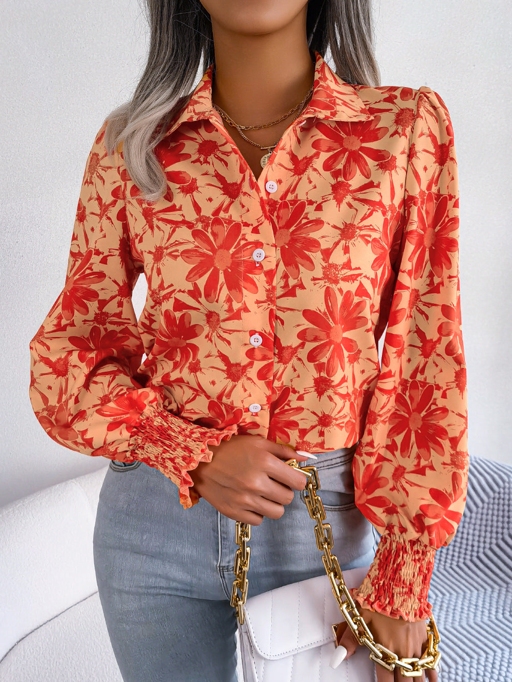 Women's Lantern Sleeve Flower Lapel Shirt