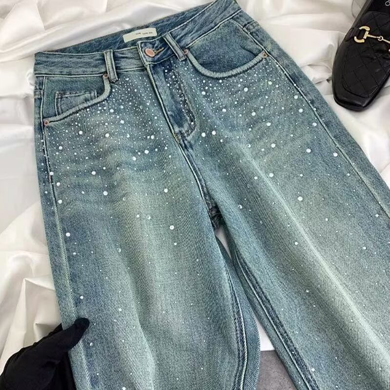 Women's Starry Diamond Rhinestone Straight Washed Blue Jeans