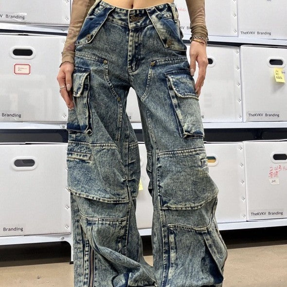 Women's American Street Style Plus Size Multi-Pocket Aged Jeans