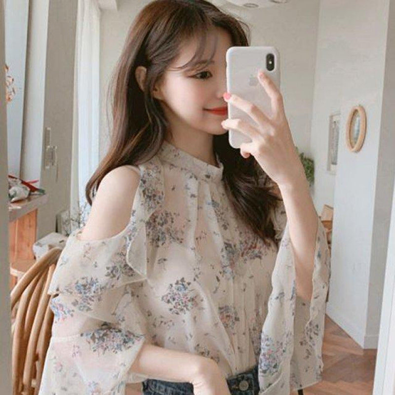 Women's Open-Shoulder Bell Sleeve Floral Chiffon Top
