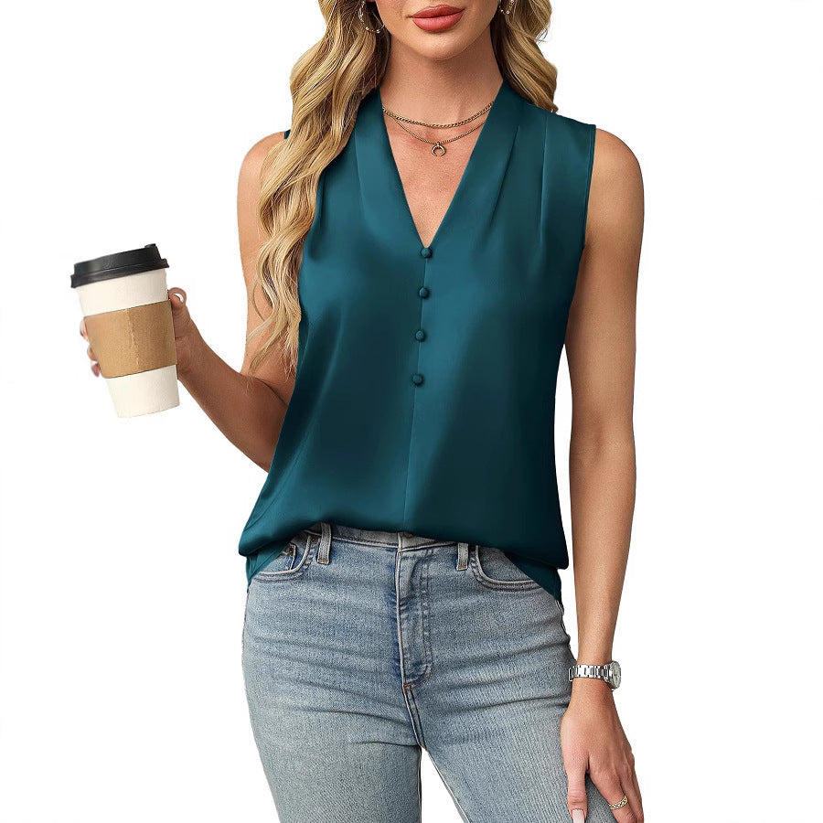 Women's Satin Buttoned V-Neck Sleeveless Top