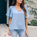 Women's Loose V-Neck Ruffle Sleeve Top